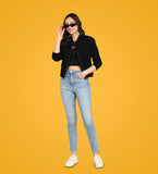 Black Solid Cropped Tailored Denim Women's Jacket