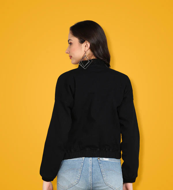Black Solid Cropped Tailored Denim Women's Jacket