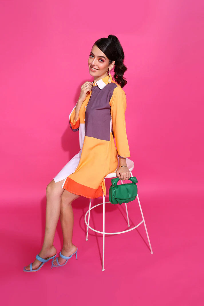 Multicolor Block Printed Evening Shirt Dress