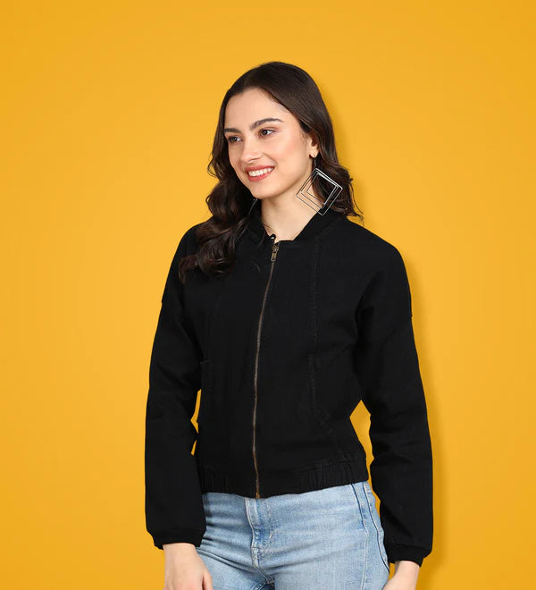 Black Solid Cropped Tailored Denim Women's Jacket