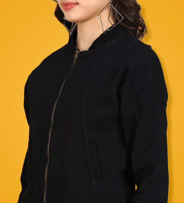 Black Solid Cropped Tailored Denim Women's Jacket