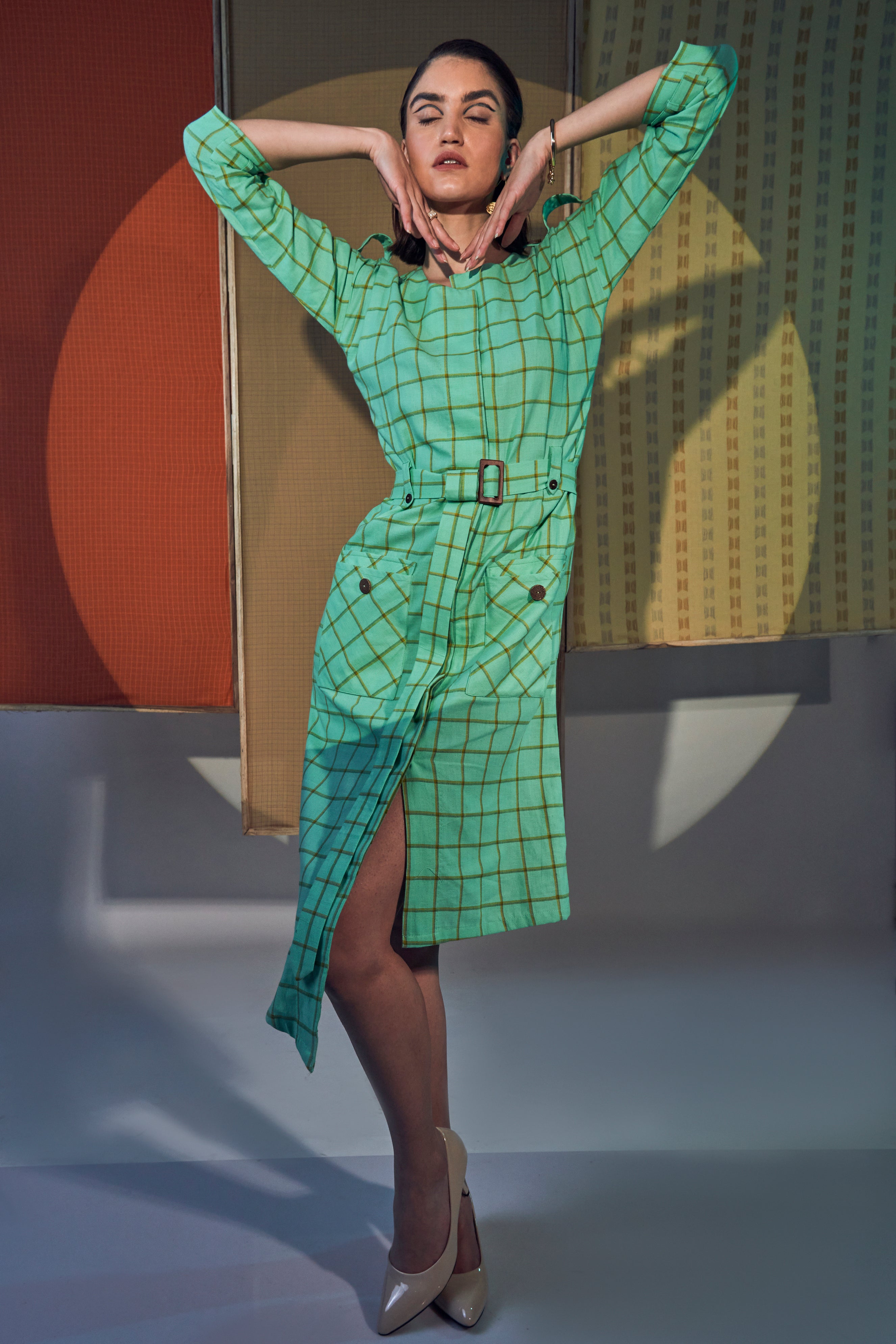 Green Checkered Cotton Women's Work Dress