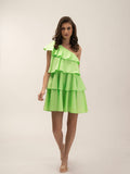 One Shoulder Green 100% cotton flared Women's dress