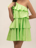 One Shoulder Green 100% cotton flared Women's dress