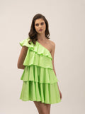 One Shoulder Green 100% cotton flared Women's dress