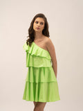 One Shoulder Green 100% cotton flared Women's dress