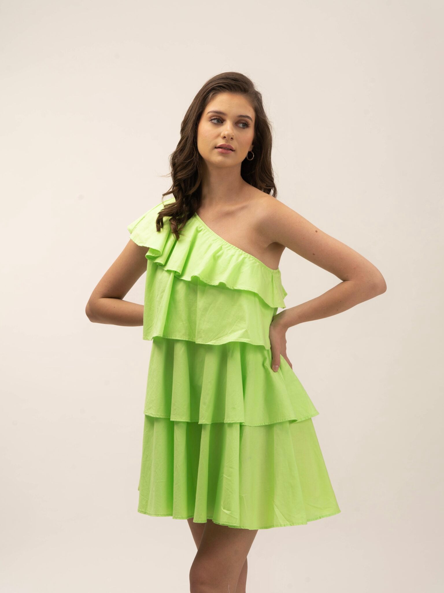 One Shoulder Green 100% cotton flared Women's dress