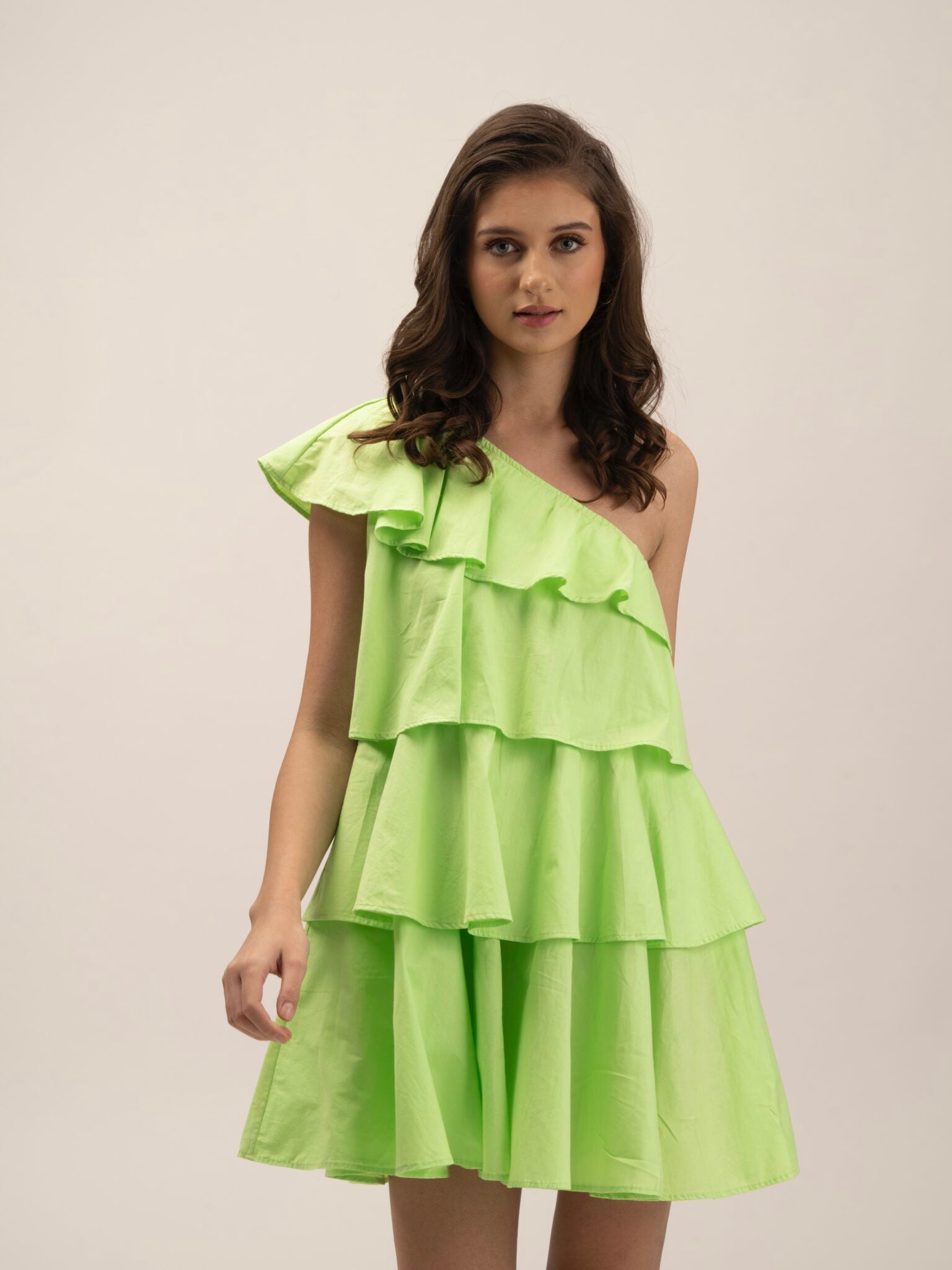 One Shoulder Green 100% cotton flared Women's dress