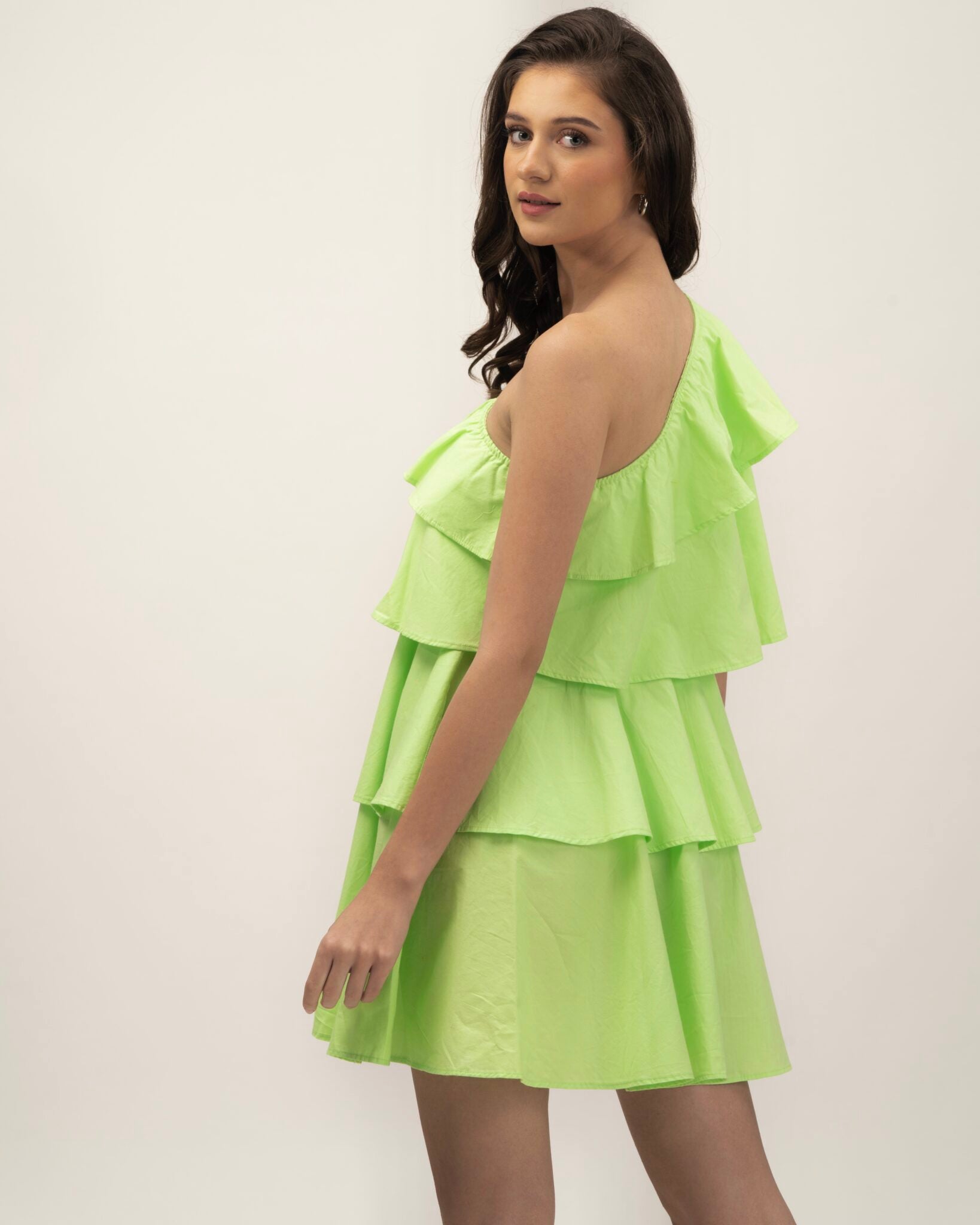 One Shoulder Green 100% cotton flared Women's dress