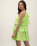 One Shoulder Green 100% cotton flared Women's dress