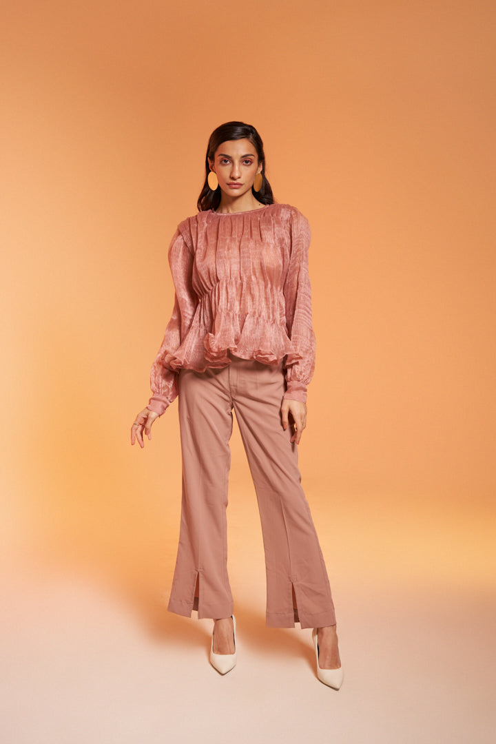 Beige Ladies Office Organza Coord Set