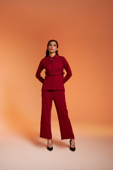 Maroon Women's Office Lace Coord Set