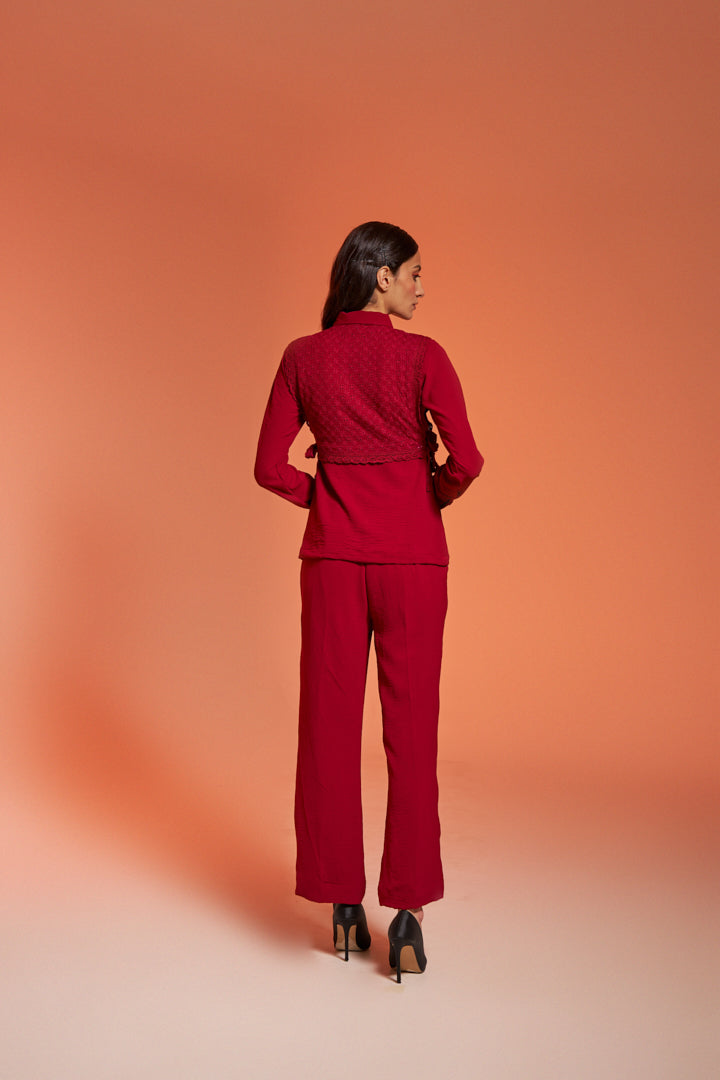 Maroon Women's Office Lace Coord Set