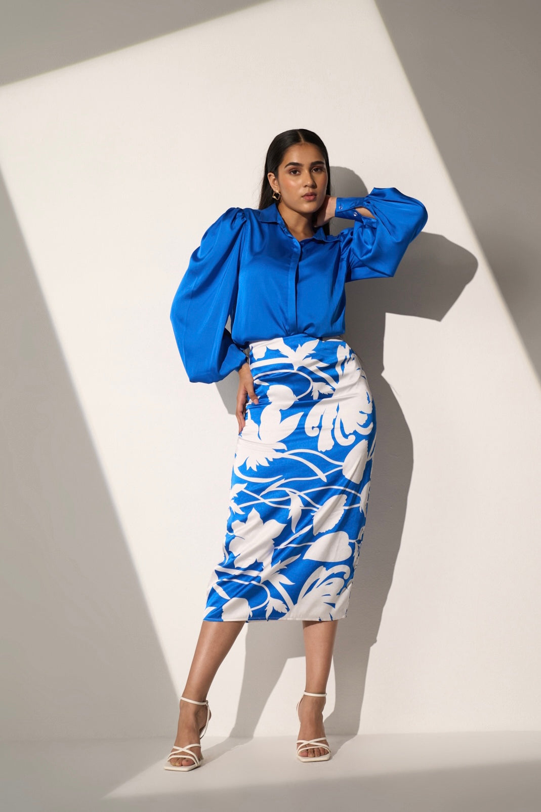 Women's Blue Shirt with Floral Printed skirt