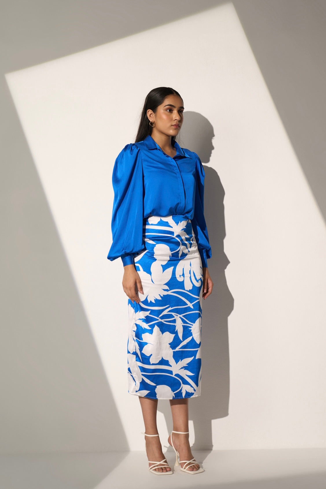 Women's Blue Shirt with Floral Printed skirt