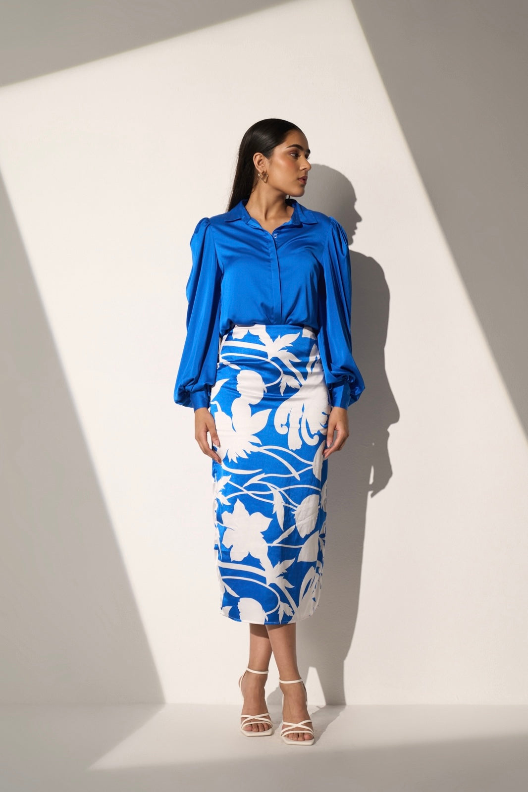 Women's Blue Shirt with Floral Printed skirt