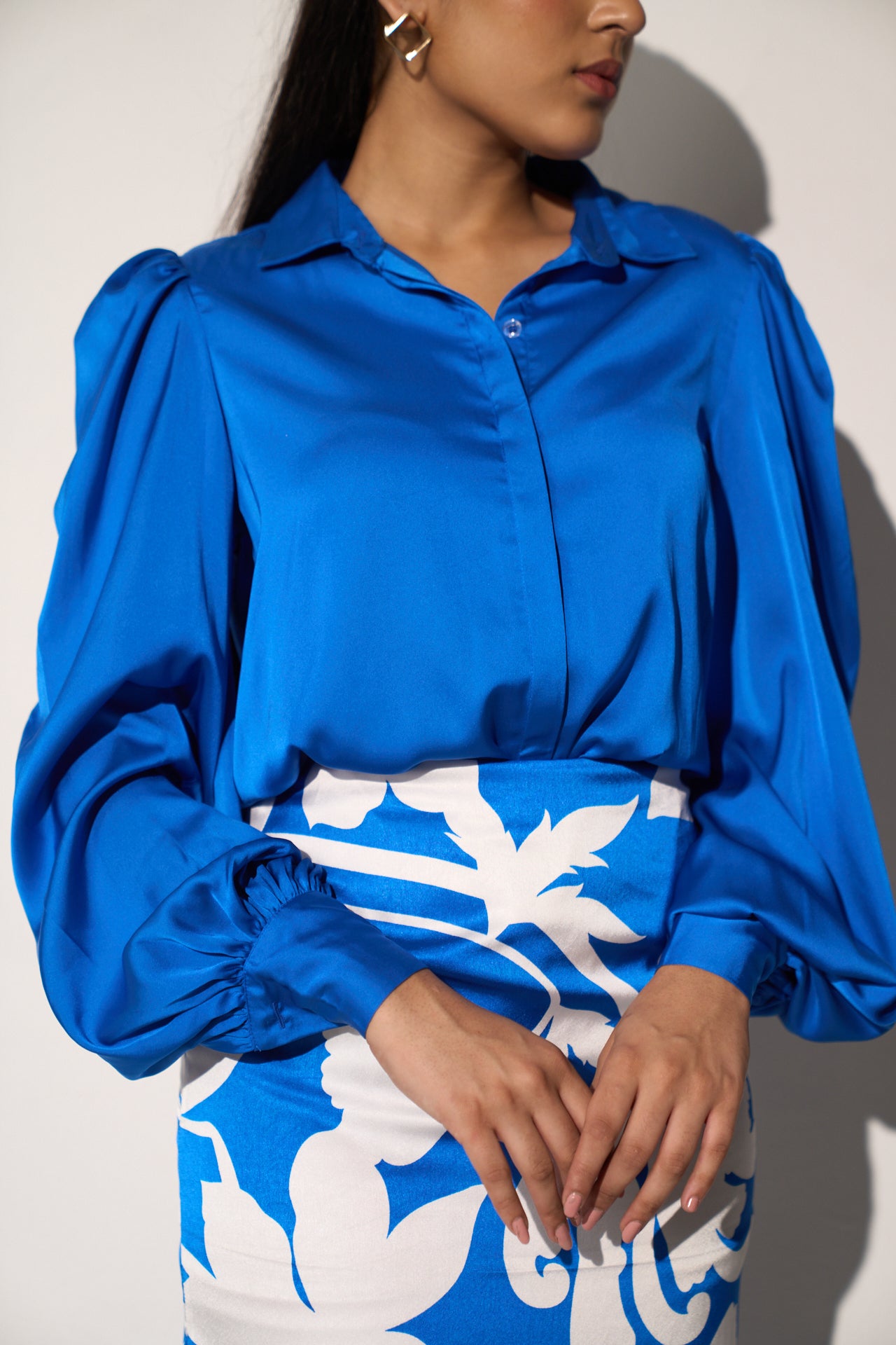 Women's Blue Shirt with Floral Printed skirt