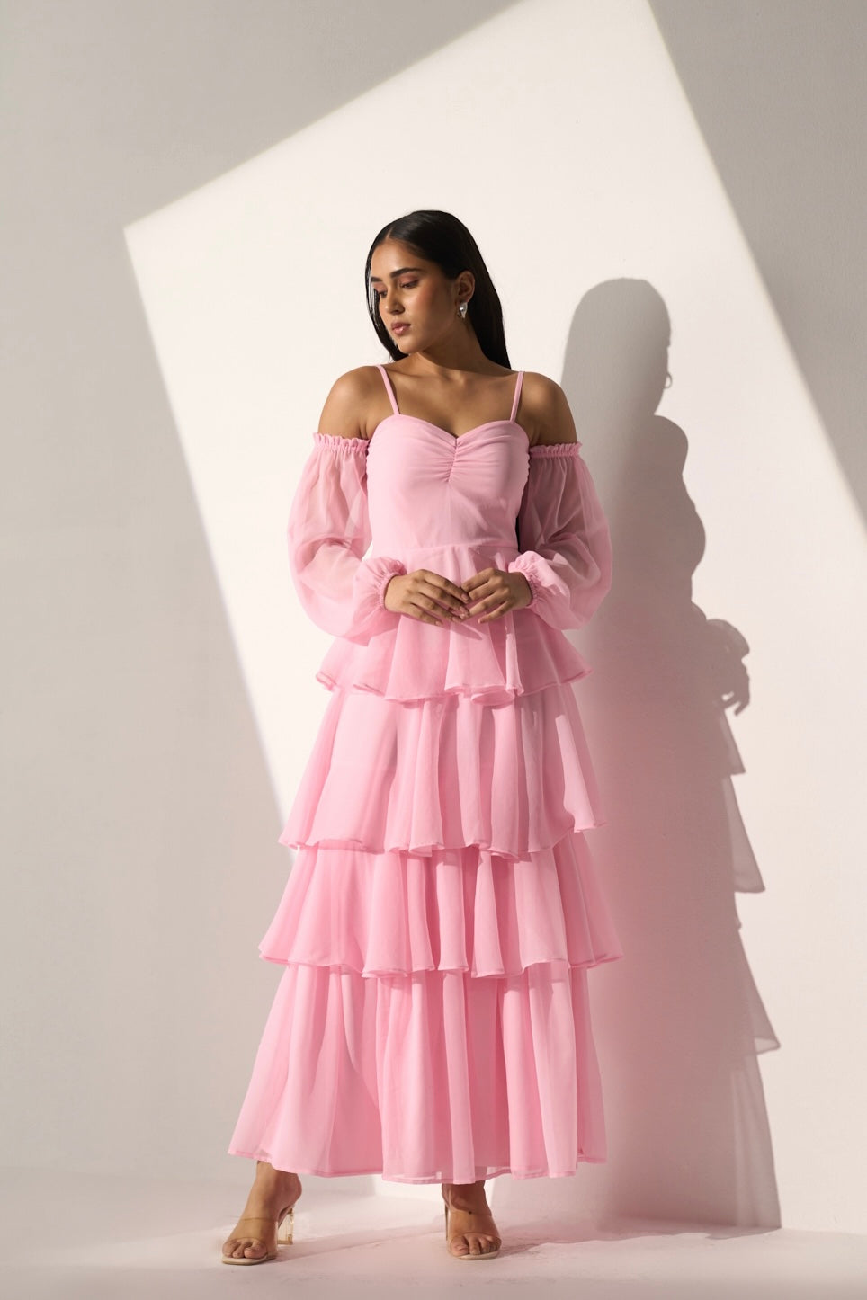 Georgette Women's Baby pink long frill dress