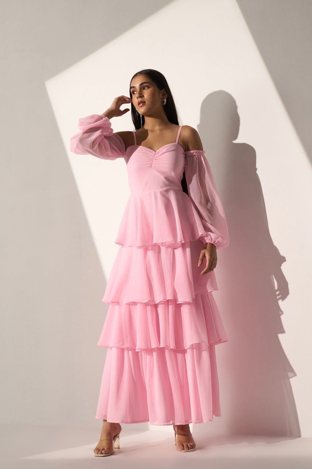 Georgette Women's Baby pink long frill dress