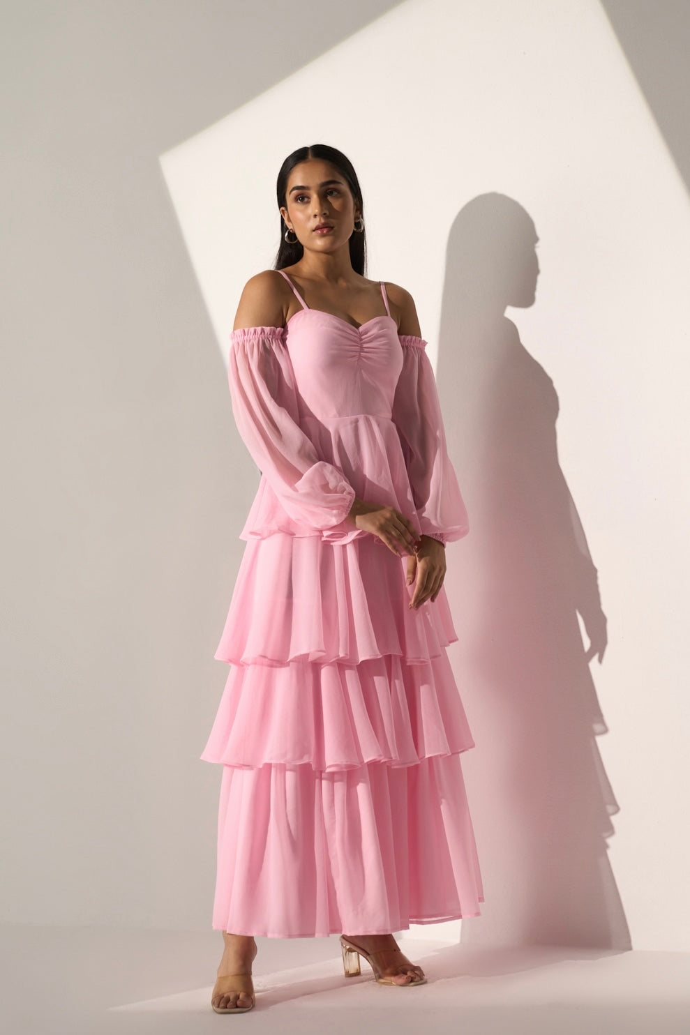 Georgette Women's Baby pink long frill dress