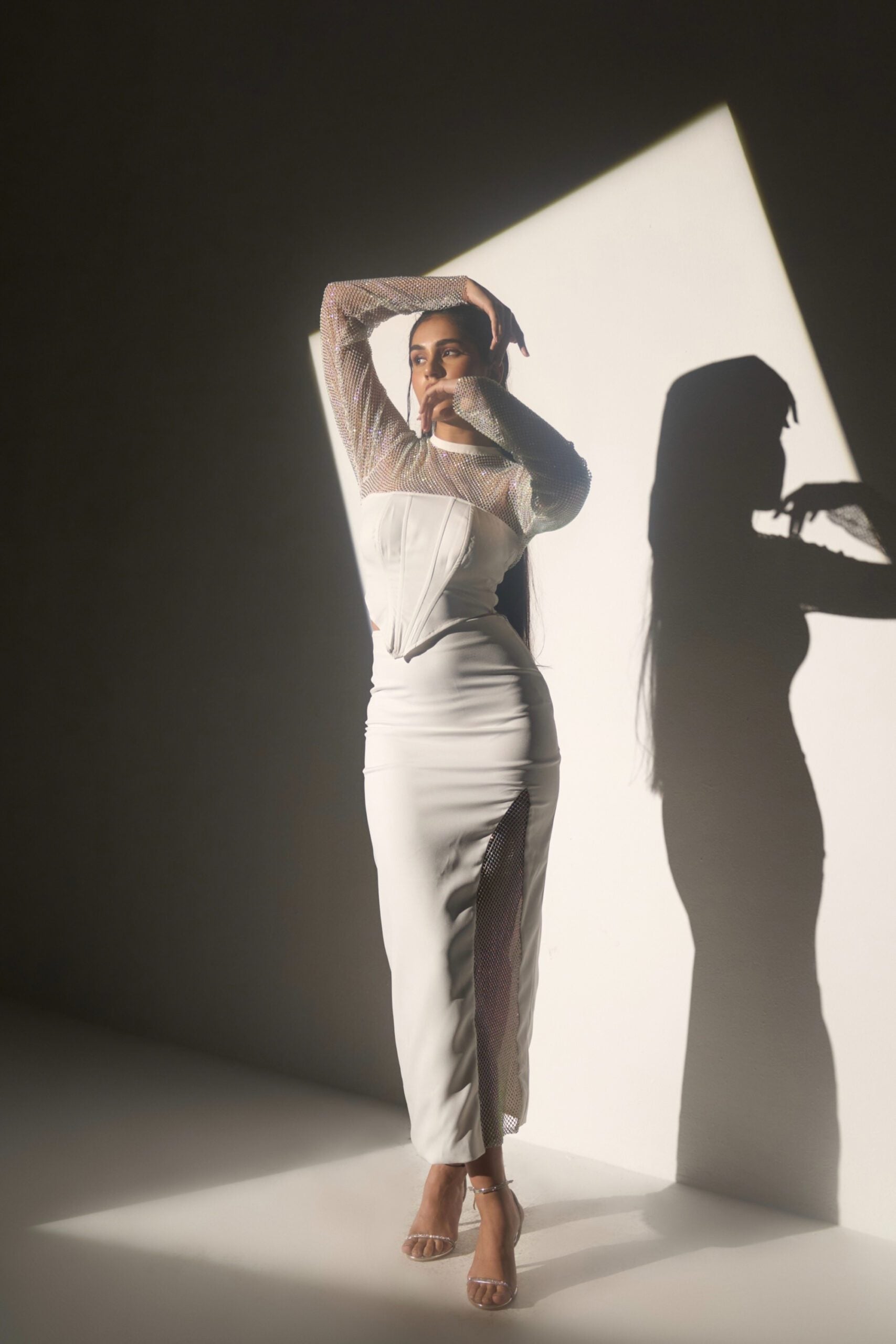 Women's White Crystal Mesh and a Slit skirt (SET)