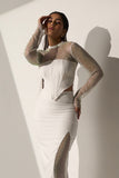 Women's White Crystal Mesh and a Slit skirt (SET)