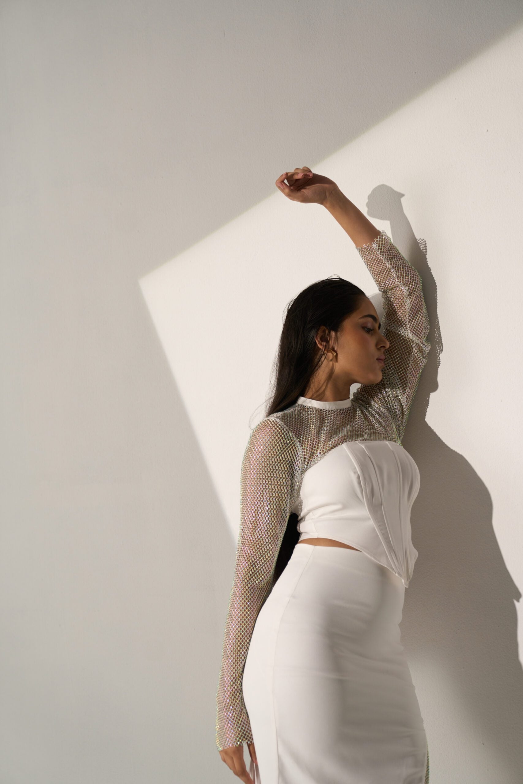 Women's White Crystal Mesh and a Slit skirt (SET)