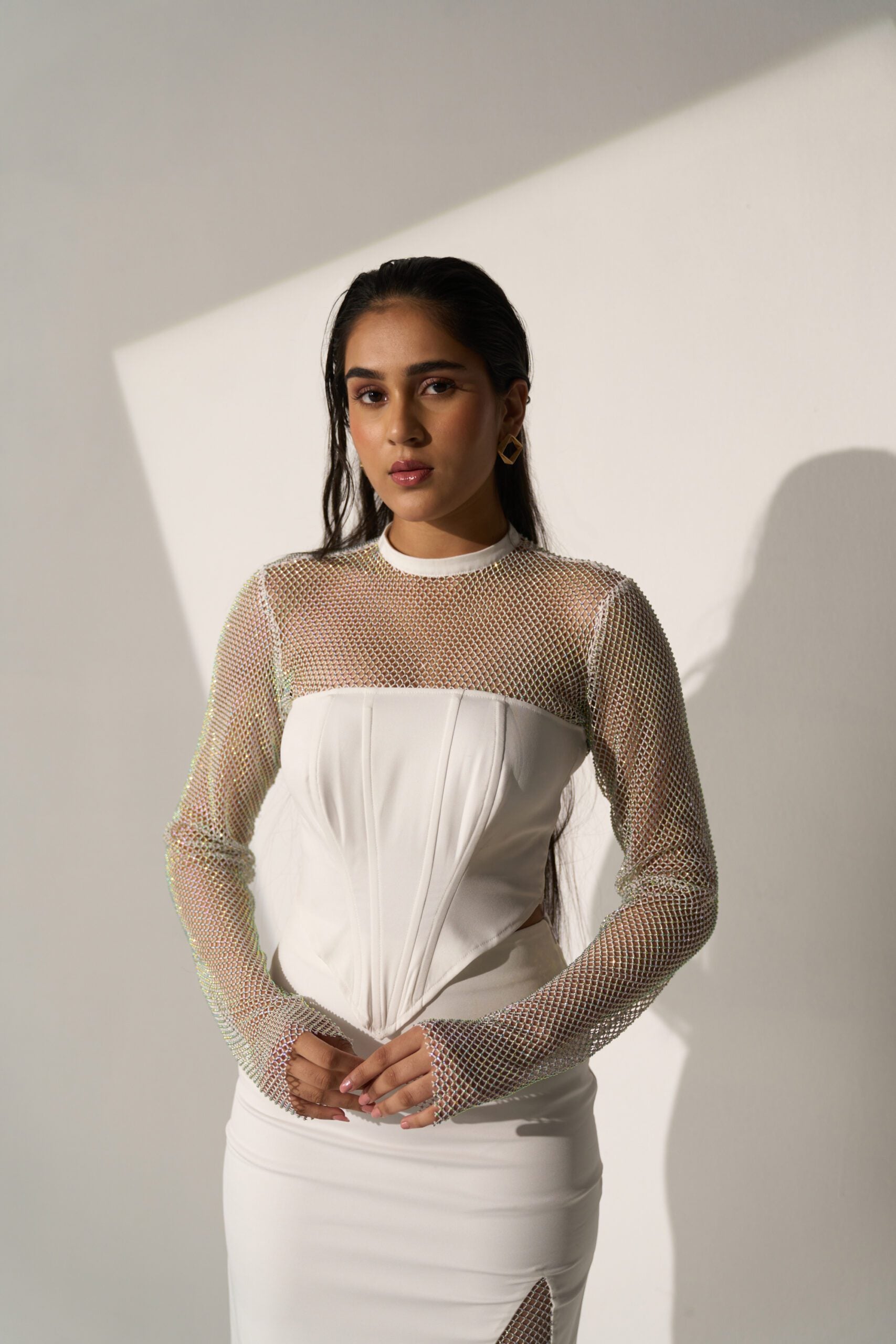 Women's White Crystal Mesh and a Slit skirt (SET)