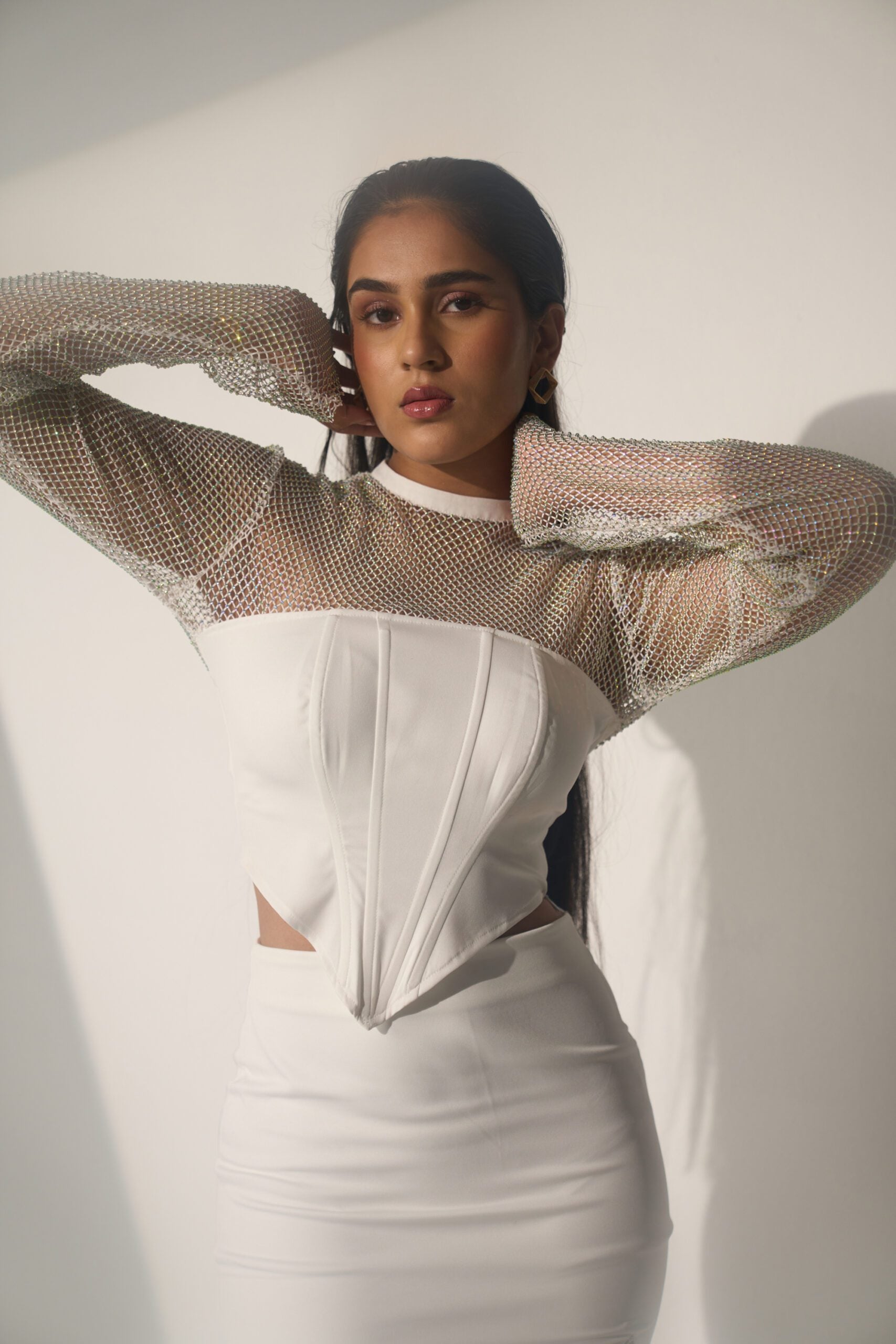 Women's White Crystal Mesh and a Slit skirt (SET)