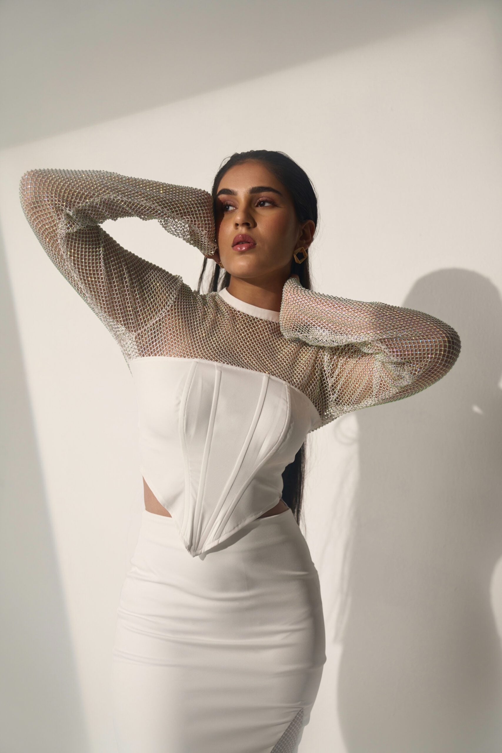 Women's White Crystal Mesh and a Slit skirt (SET)