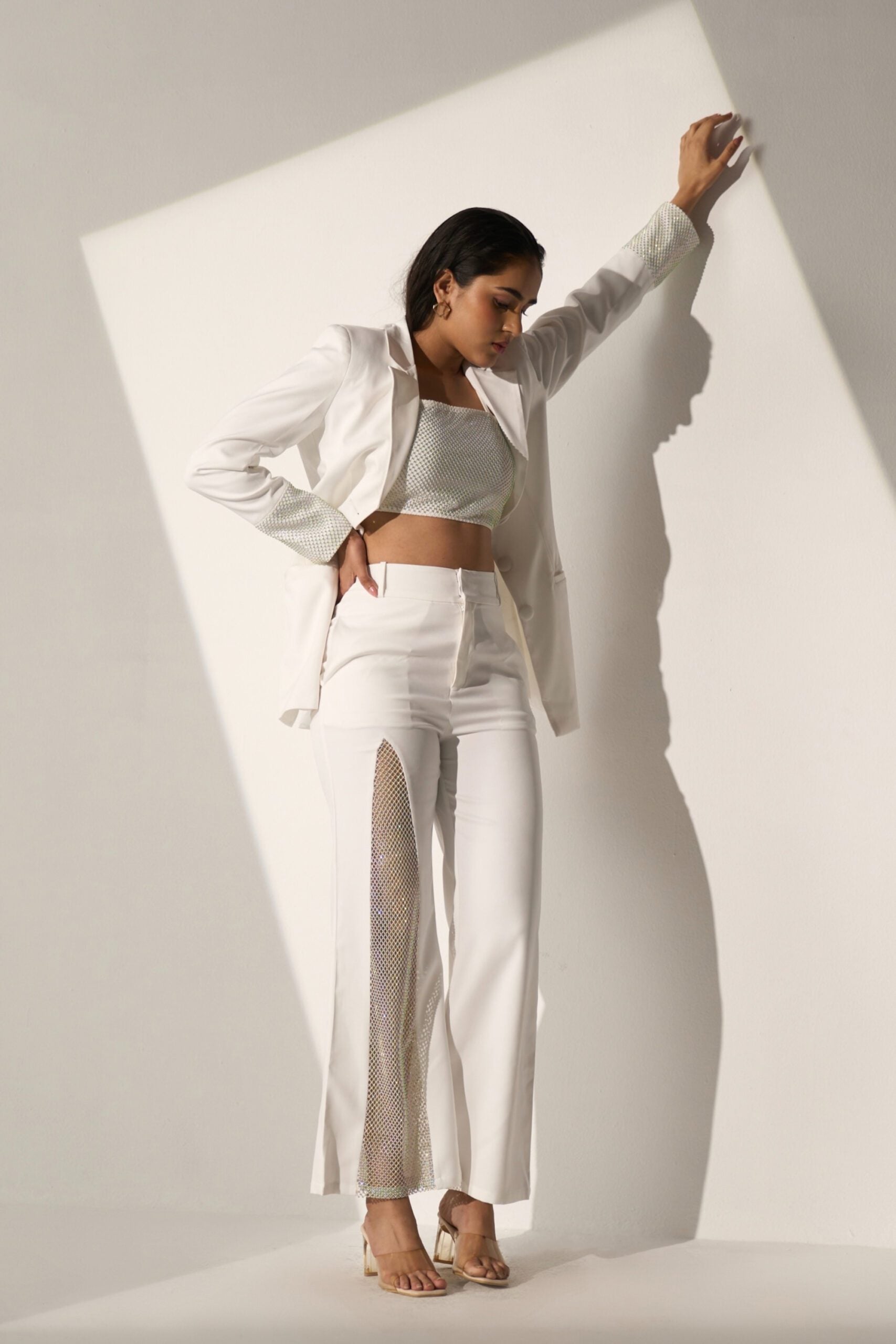 White Crystal Mesh Blazer with Pants and  a bralette-style top