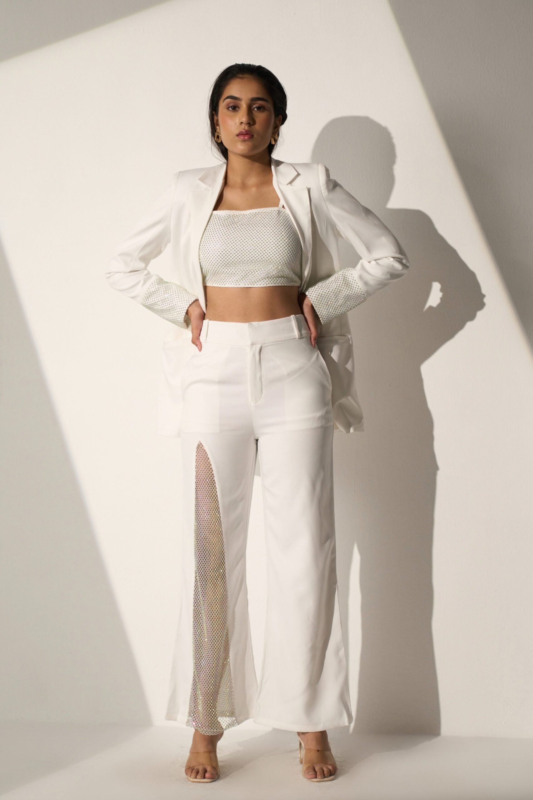 White Crystal Mesh Blazer with Pants and  a bralette-style top