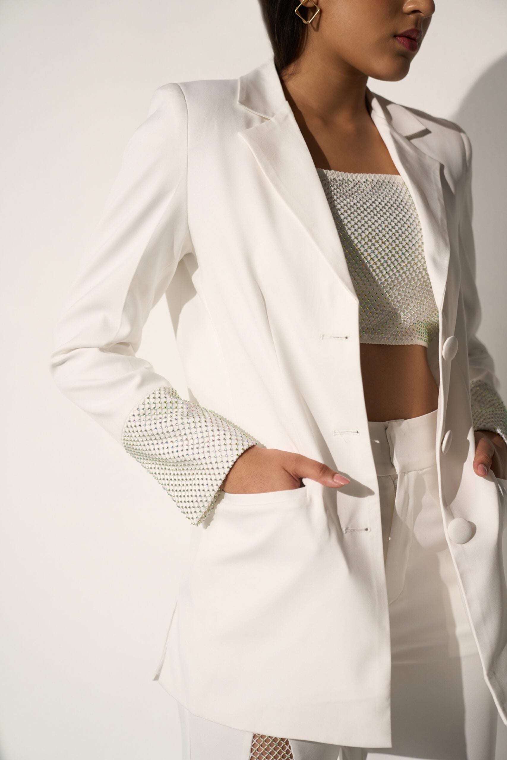 White Crystal Mesh Blazer with Pants and  a bralette-style top