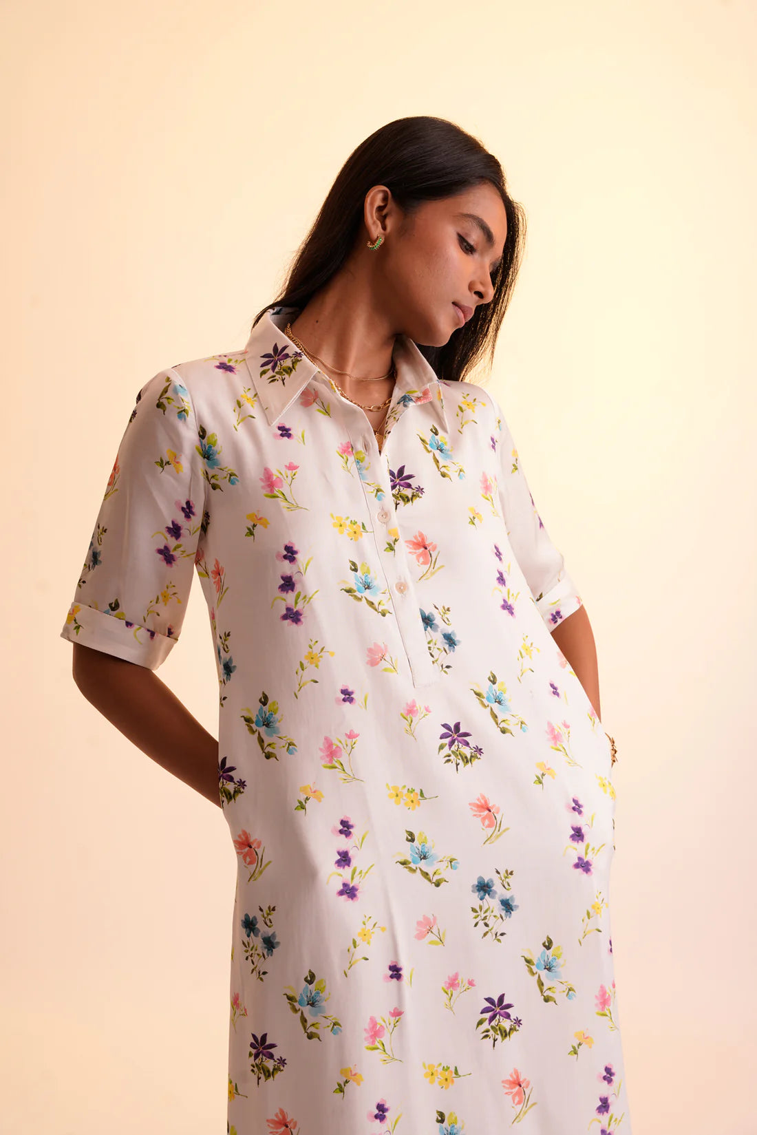 White Comfortable Women's Floral Midi Shirt Dress