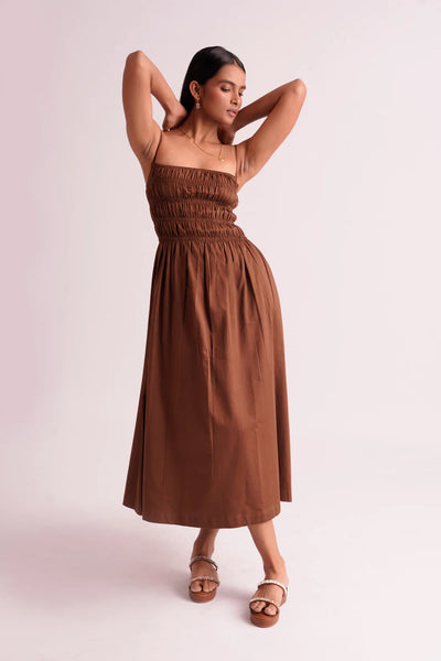 Midi Length Brown Women's cotton strap Dress  The Ambition Collective