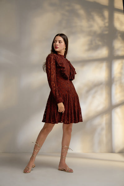 Andmary Donna gather mini dress brown M Brown Lace full sleeves