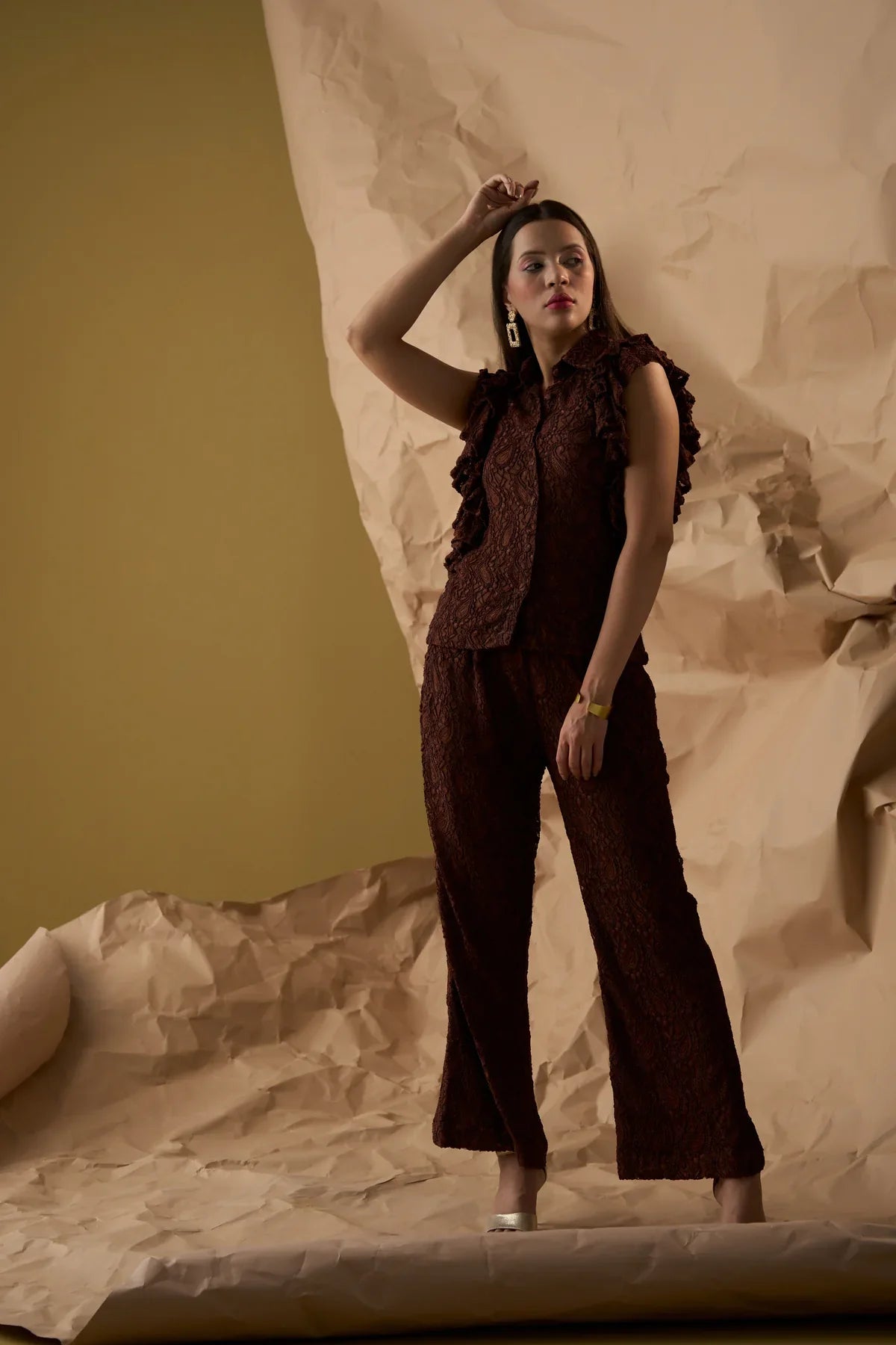 Women's Brown Lace Partywear Coord Set