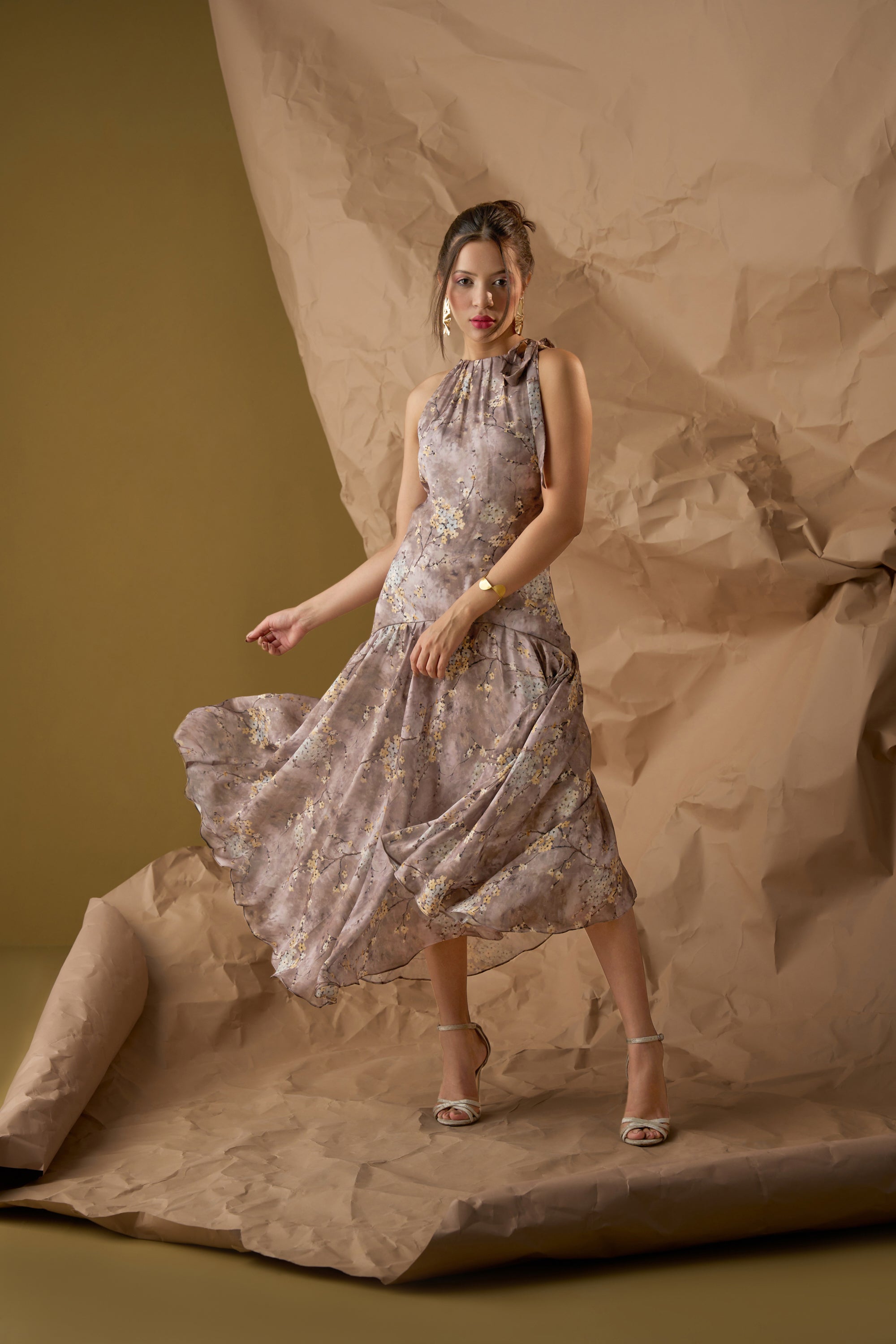 Multicolor Printed Satin Georgette Midi Dress