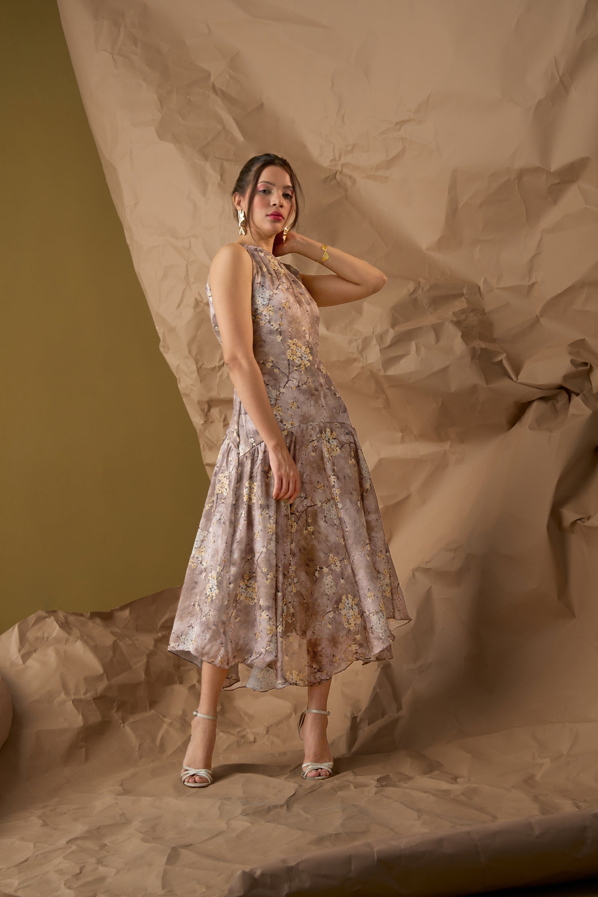 Multicolor Printed Satin Georgette Midi Dress