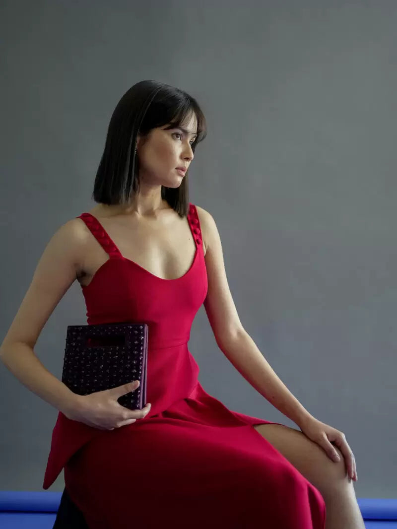 Women's Deep Neck Slit Red Midi Dress