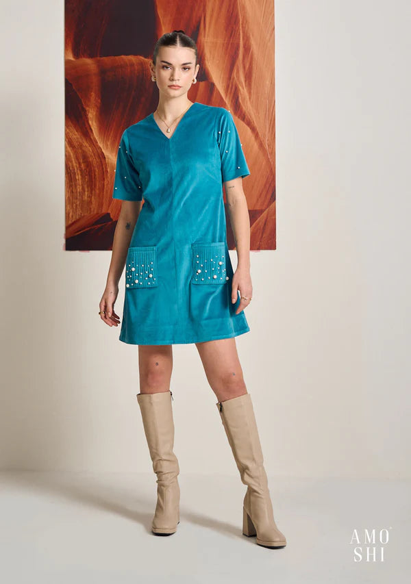 Ladies Suede Teal Evening Work Dress