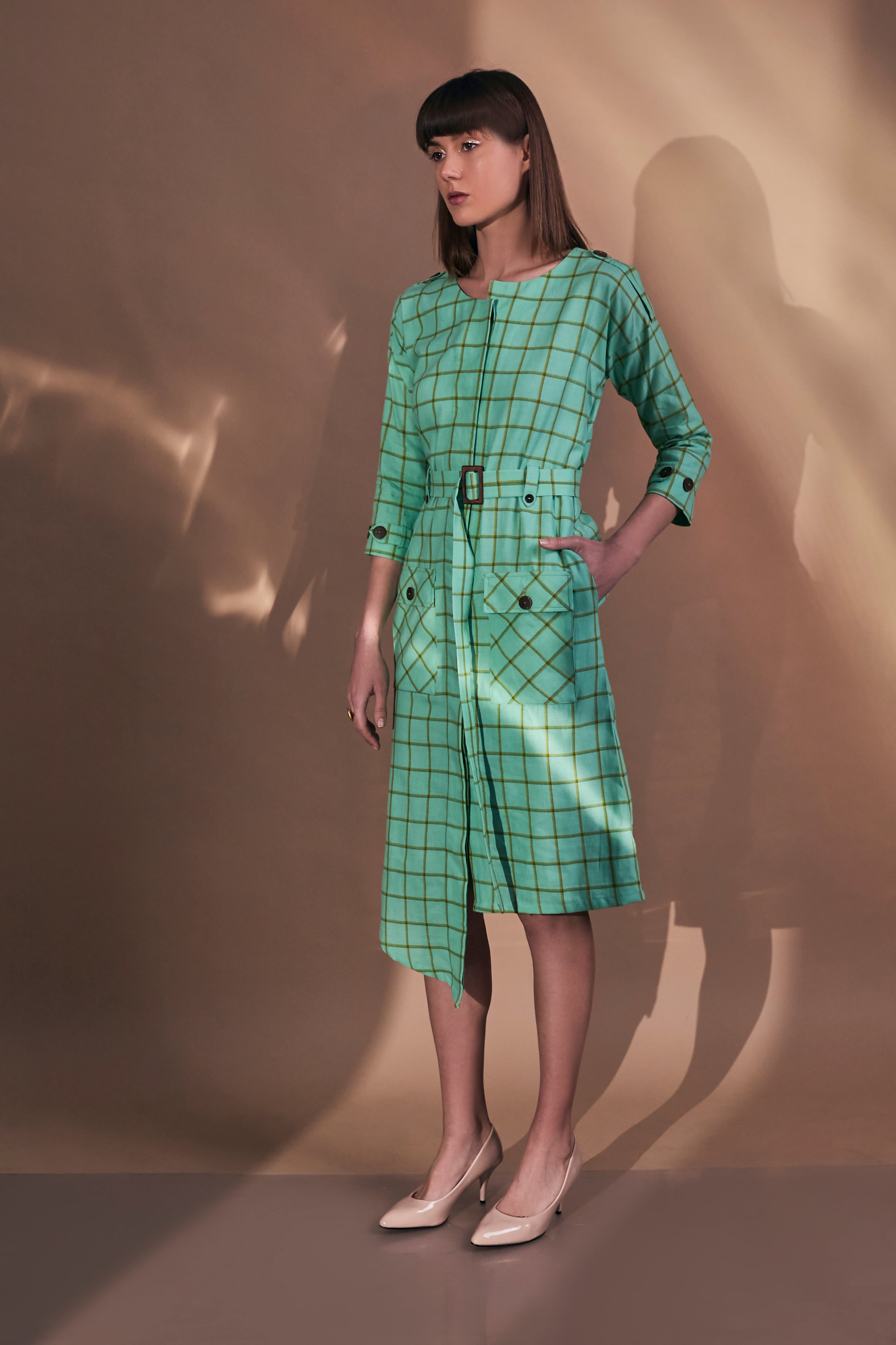 Green Checkered Cotton Women's Work Dress