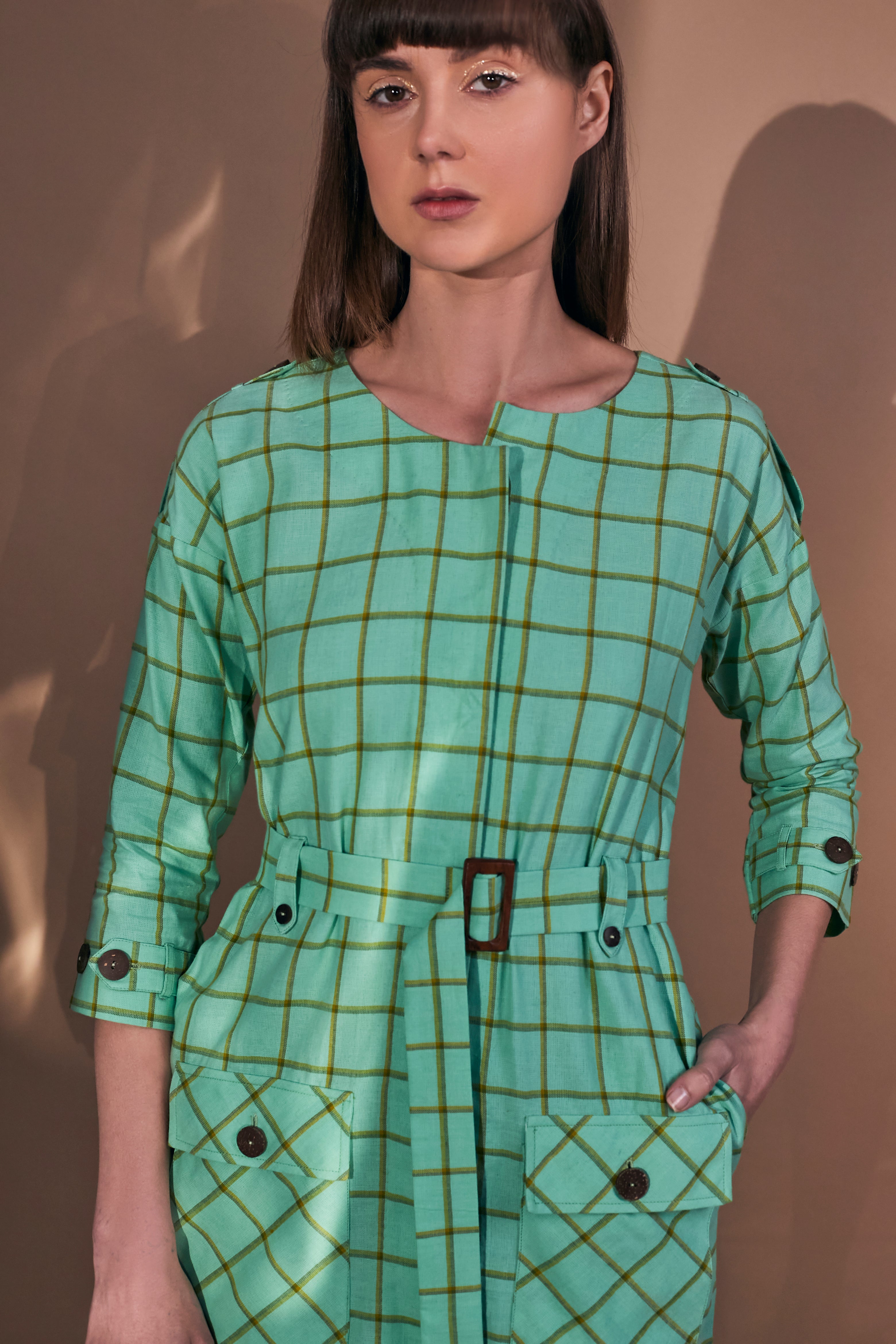 Green Checkered Cotton Women's Work Dress