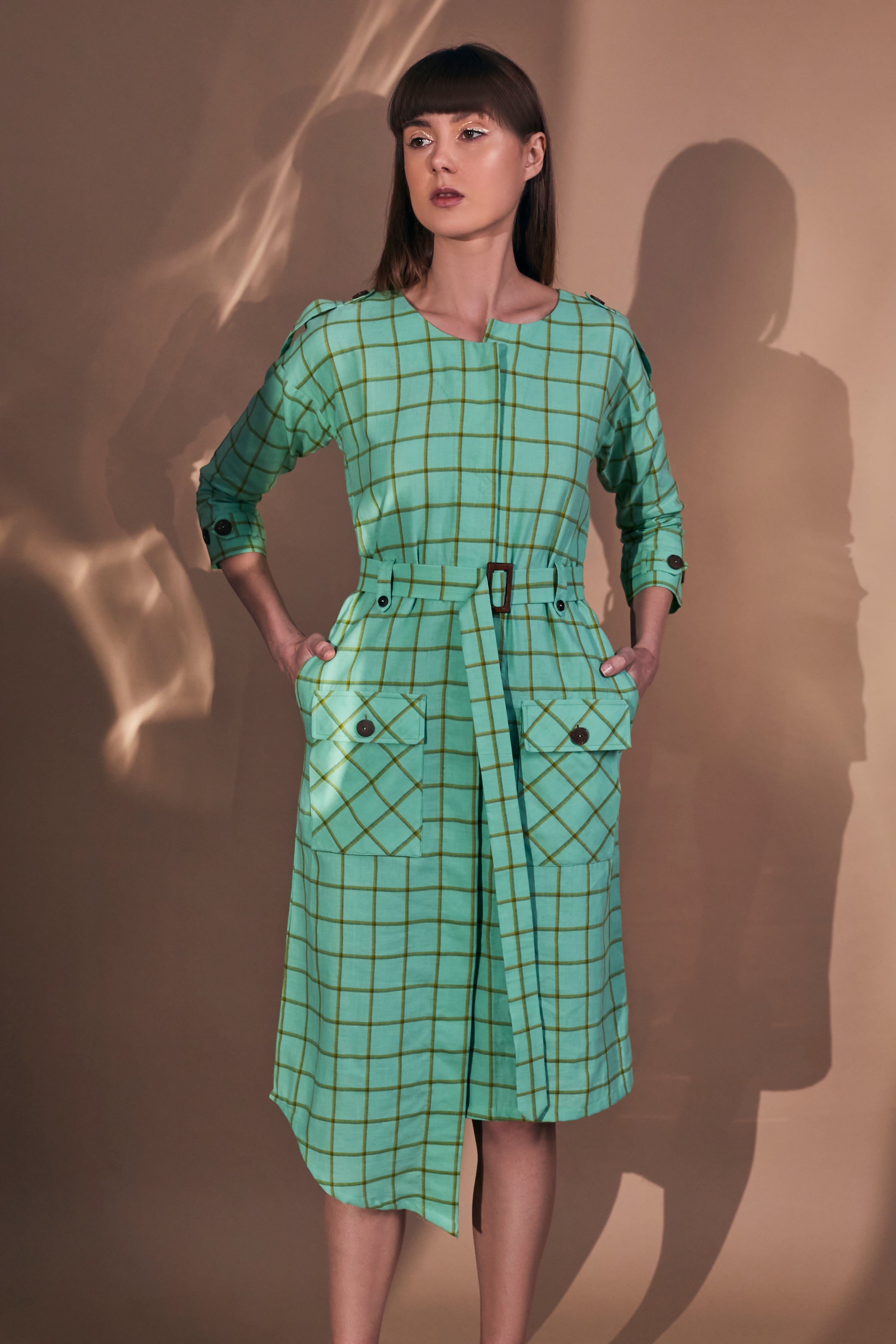 Green Checkered Cotton Women's Work Dress