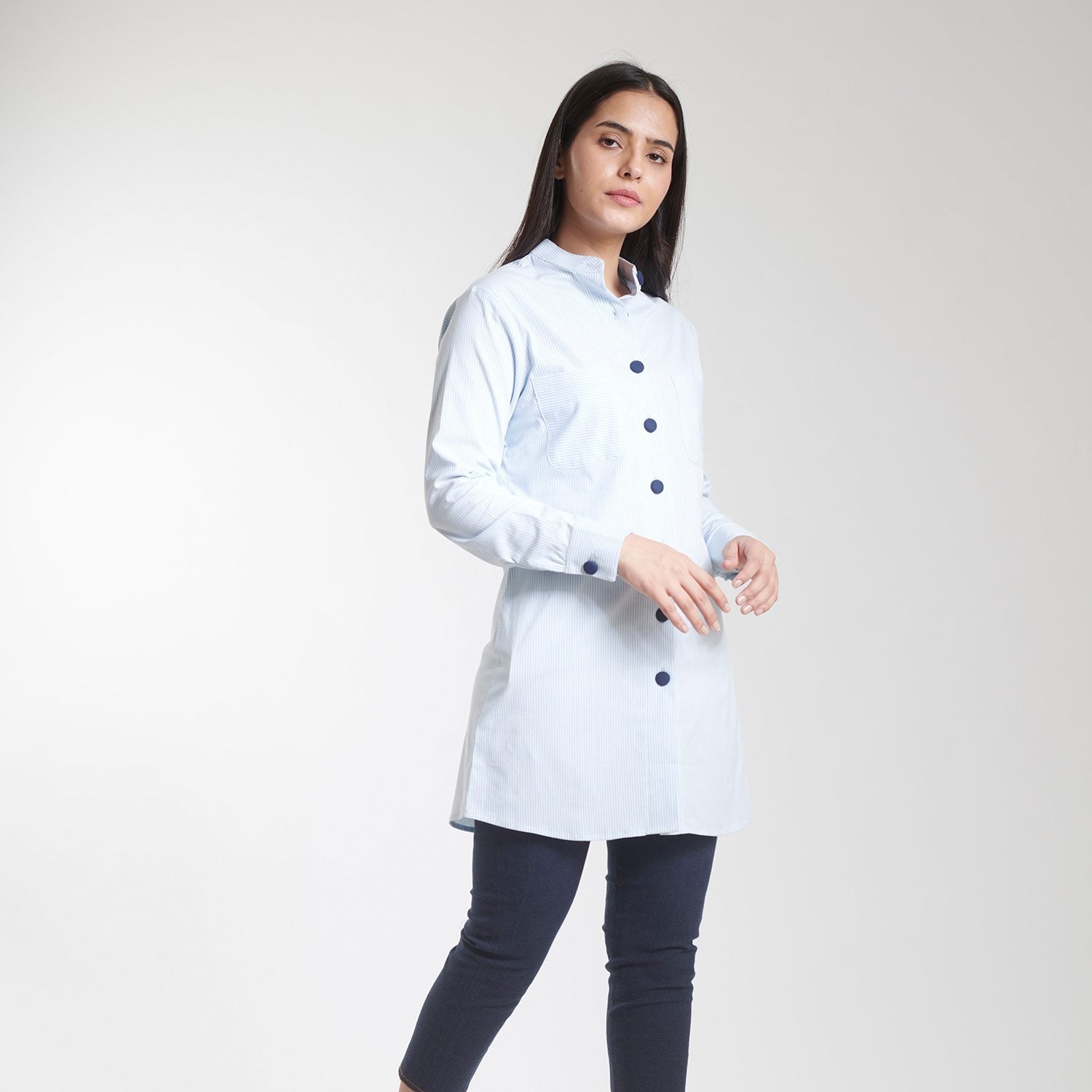 Sky Blue Striped Full sleeves Cotton Stretch Tunic