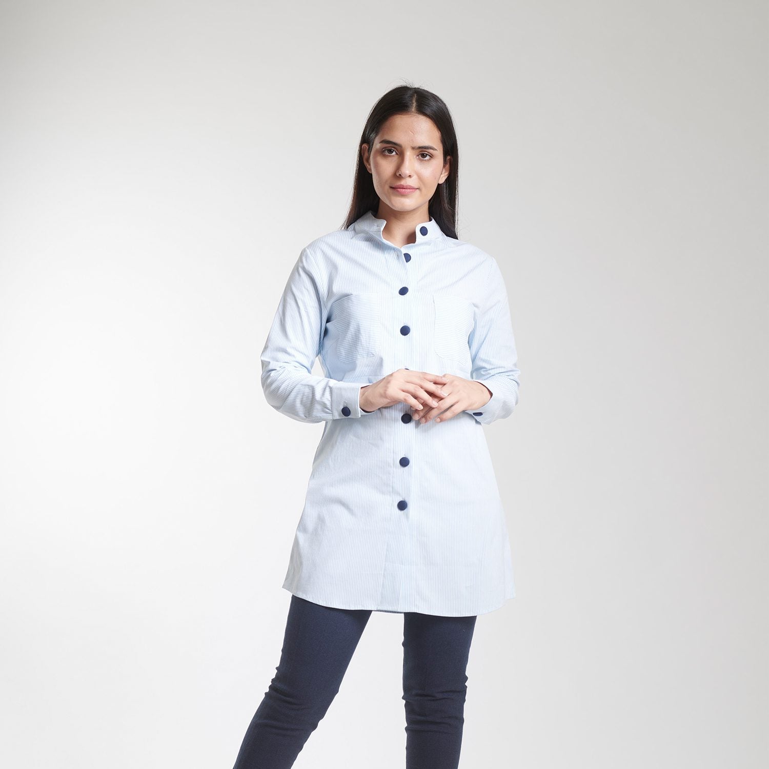 Sky Blue Striped Full sleeves Cotton Stretch Tunic