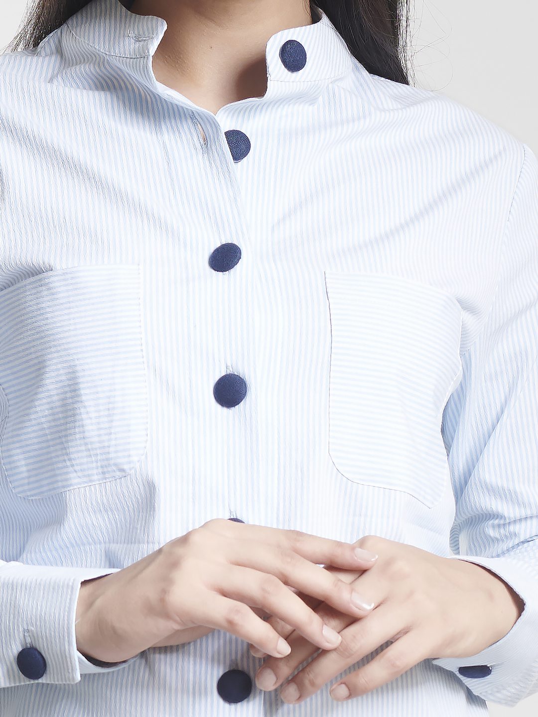 Sky Blue Striped Full sleeves Cotton Stretch Tunic