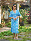 Blue Printed Cotton women's Midi Dress