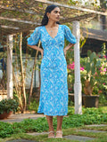 Blue Printed Cotton women's Midi Dress