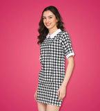 Women's Houndstooth Print Contrast Collar Short Sleeve Bodycon Mini Dress